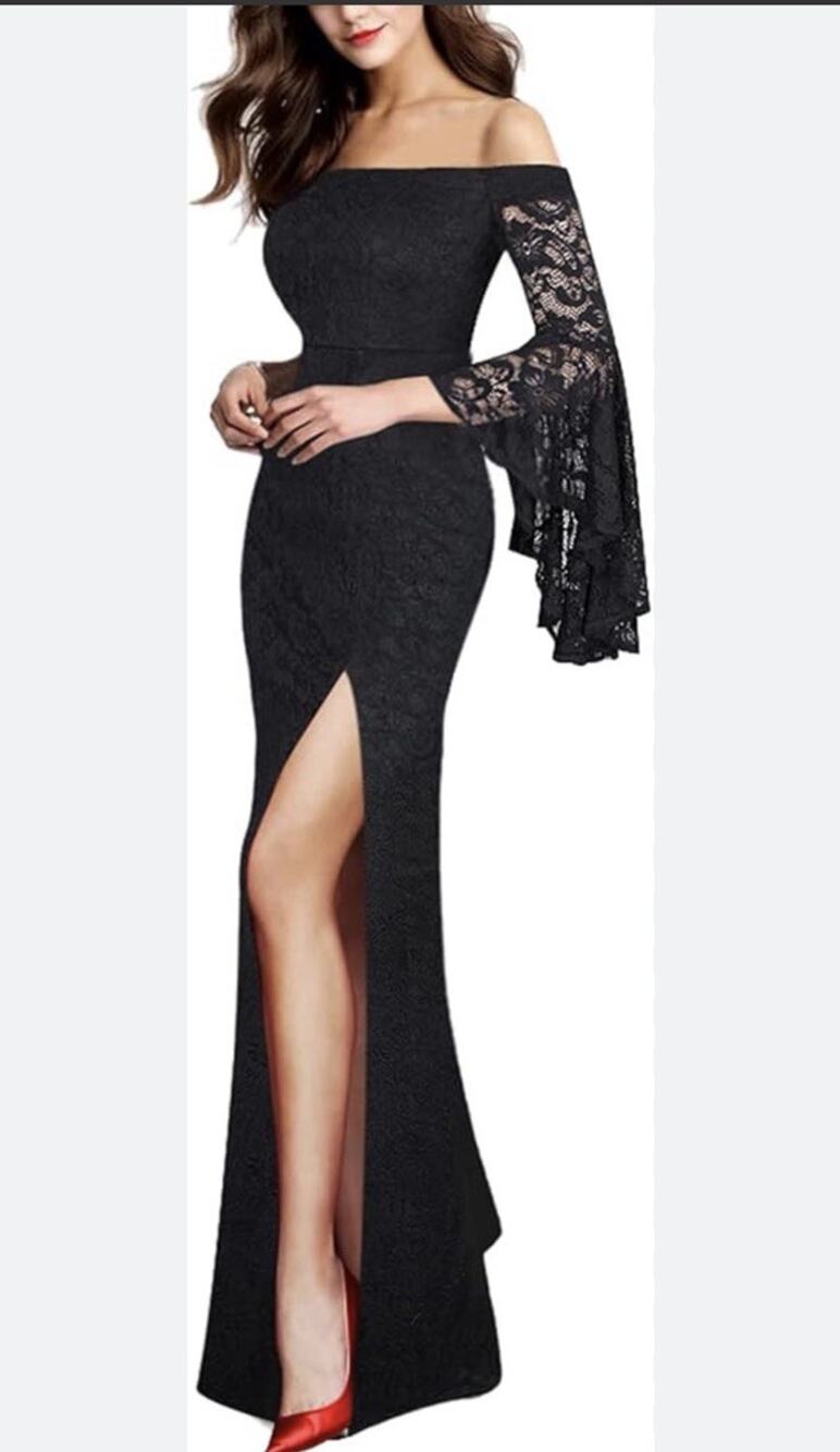 NWT V Show Women’s Black Floral Lace Off The Shoulder Bell Sleeve Maxi Dress